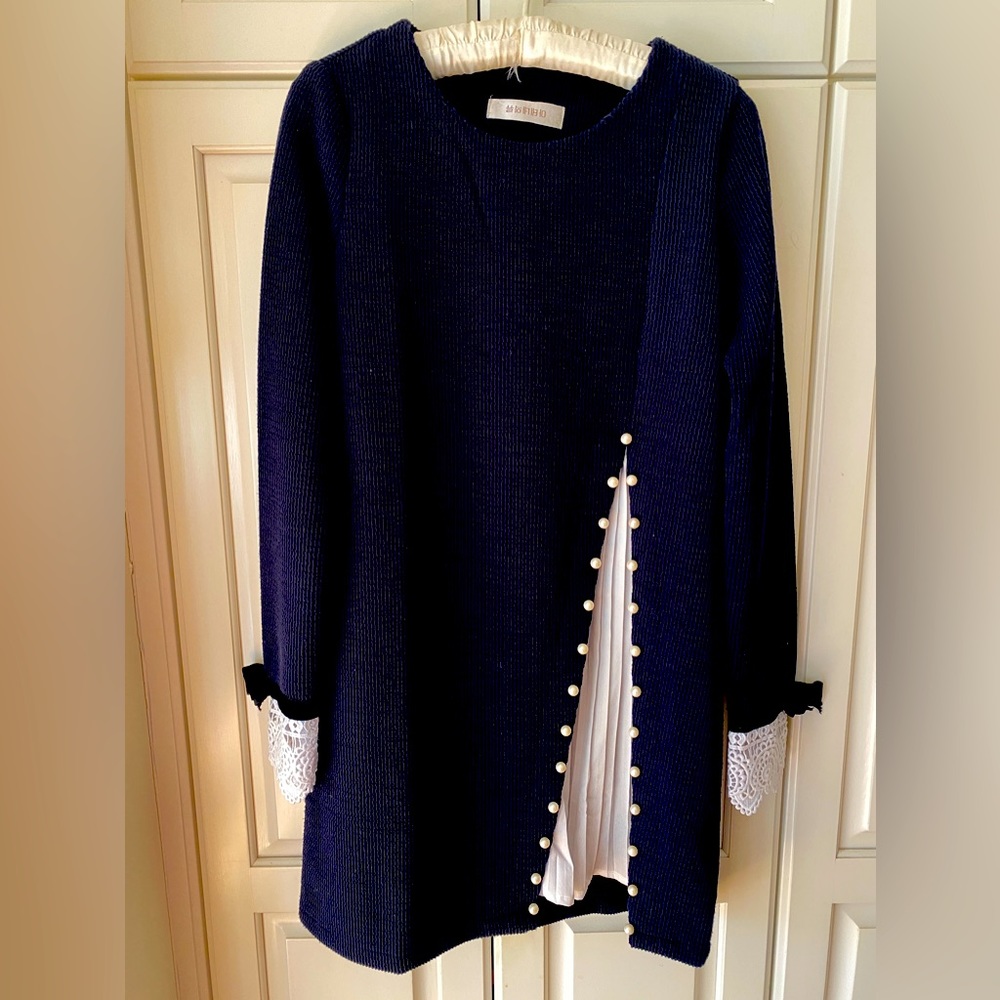 Navy blue sweater mini dress Crew Neck pearl decor White bow lace cuff size S
